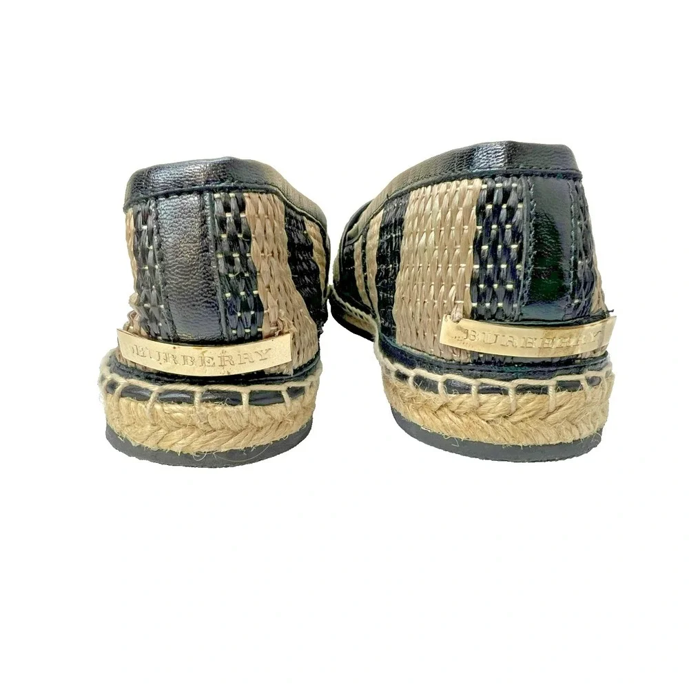 New‎ Burberry Espradrille Flat Shoe Black Tan Stripe Slip-on Rubber Sole SZ 38.5